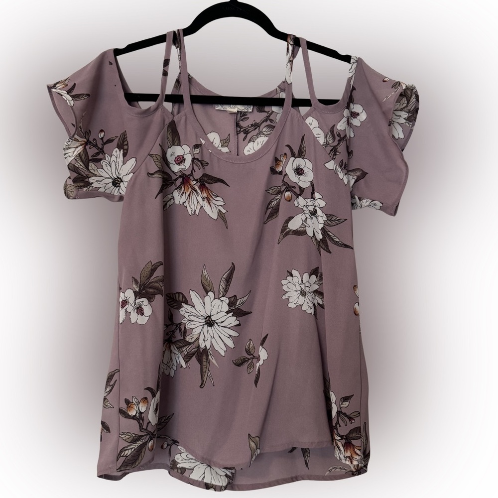 Pink Rose Vintage. Floral Cold-Shoulder Women's Top in Mauve. Small